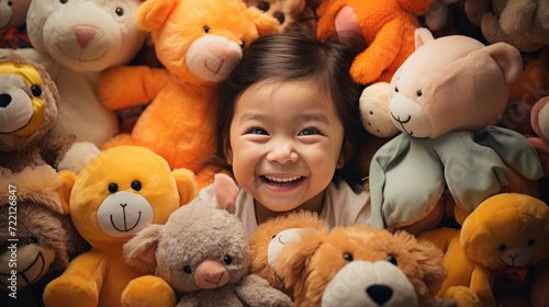 Happy asian baby girl surrounded with stuffed toys. Little Japanese infant sitting on the floor among soft toys in a sunny room with daylight. Cute cheerful Chinese baby girl playing with soft toys. photo