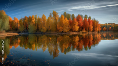Autumnal Lakeside Elegance  Misty Dawn Reflecting Fall Foliage AI-Generative
