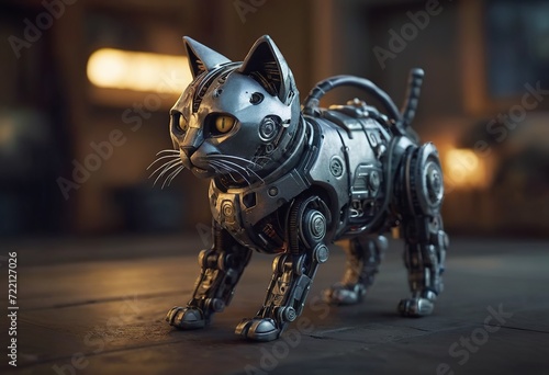 angry robot with cute flurry kitty cat on metall hands