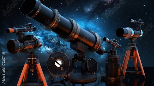 A composition of astronomical equipment, including various telescopes and planetary models, placed against a dark background to create an educational or scientific display. photo