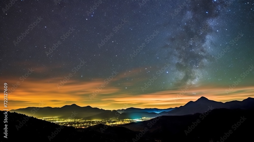 A spectacular landscape where the night sky with the Milky Way combines with the sunset over the mountain range and the illuminated city in the valley.