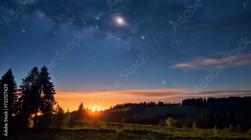 A spectacular landscape where the night sky with the Milky Way combines with the sunset over the mountain range and the illuminated city in the valley.