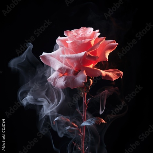 Rose in the smoke.Flower in the smoke on a dark background. Rose and smoke. Growth