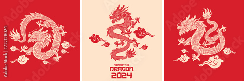 Collection of Traditional Chinese Dragon. Big set of red asian dragons. Happy Chinese New Year 2024 year of the gold dragon zodiac sign with asian elements golden paper cut style