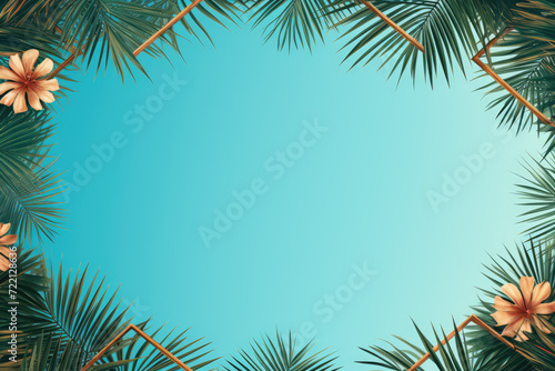 Tropical palm leaves on blue sky background. Summer concept
