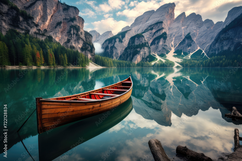 Fantastic view of famous Braies lake in Dolomites, Italy