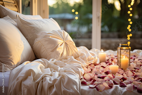 Wedding bouquet of red rose petals and candles on the bed