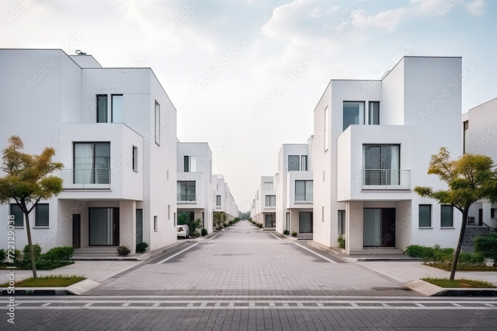 Modern white villas with a walkway. Perspective view