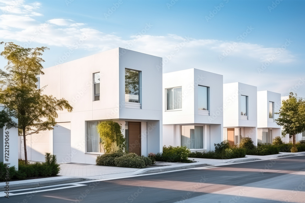 Modern white villas with a walkway. Perspective view