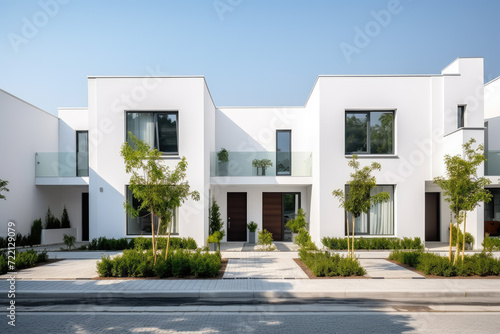 Modern white villas with a walkway. Perspective view © Kitta