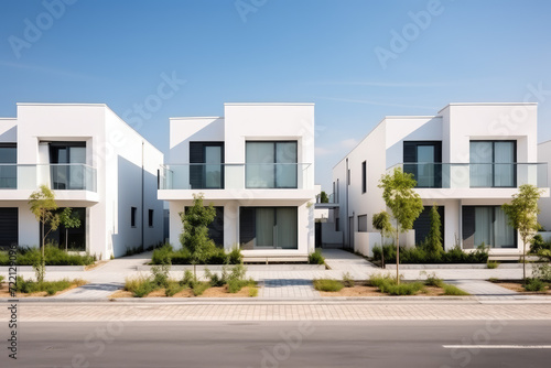 Modern white villas with a walkway. Perspective view © Kitta