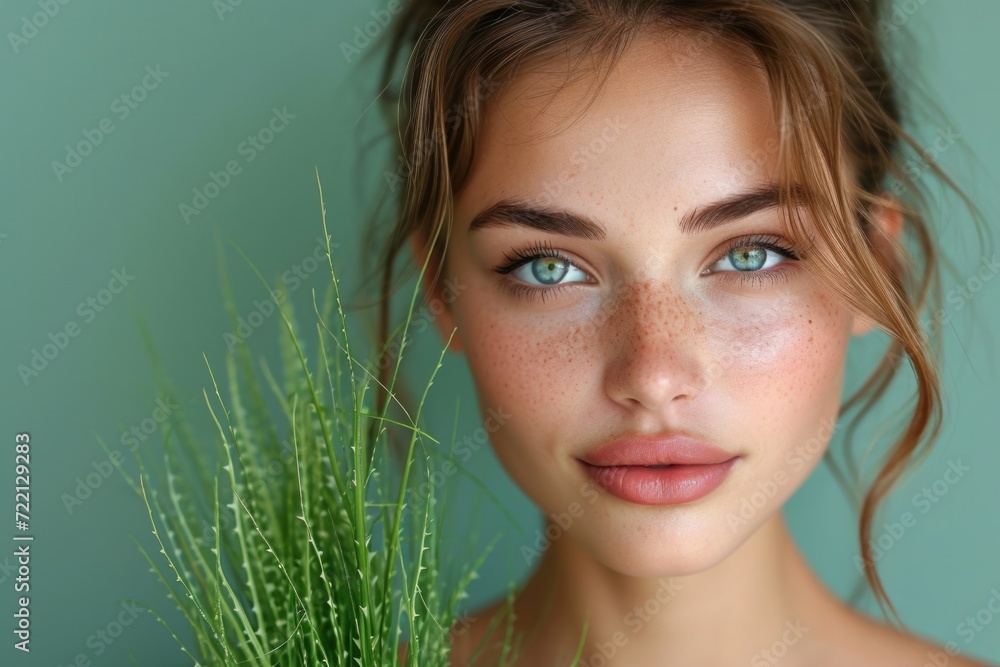 Naklejka premium beautiful model woman, perfect skin, holding green plant in her palm, studio shot, green background