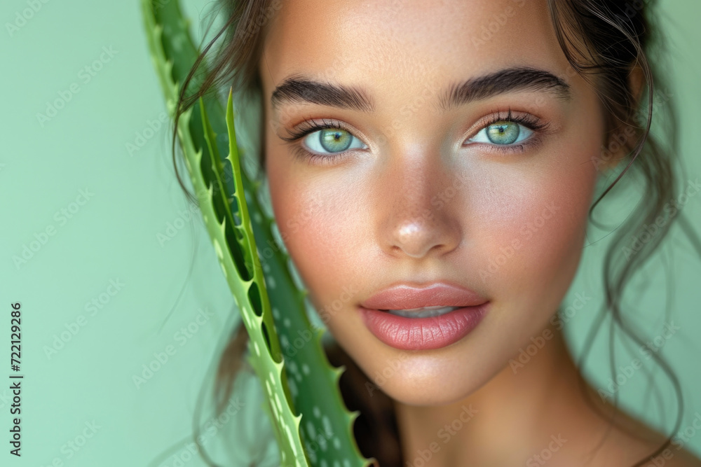 beautiful model woman, perfect skin, holding aloe vera in her palm, studio shot, green background beautiful model woman, perfect skin, holding aloe vera in her palm, studio shot, green background