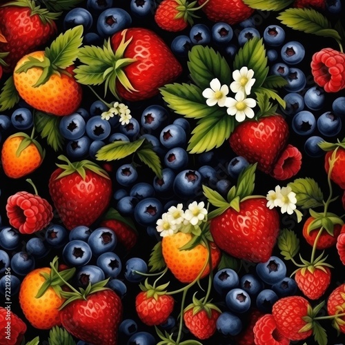 Seamless pattern texture  Harvest healthy berries raspberries strawberries blueberries