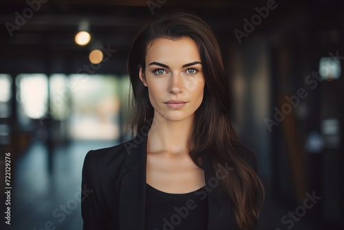 Young woman realtor with dark hair in business black suit  female entrepreneur  Closeup