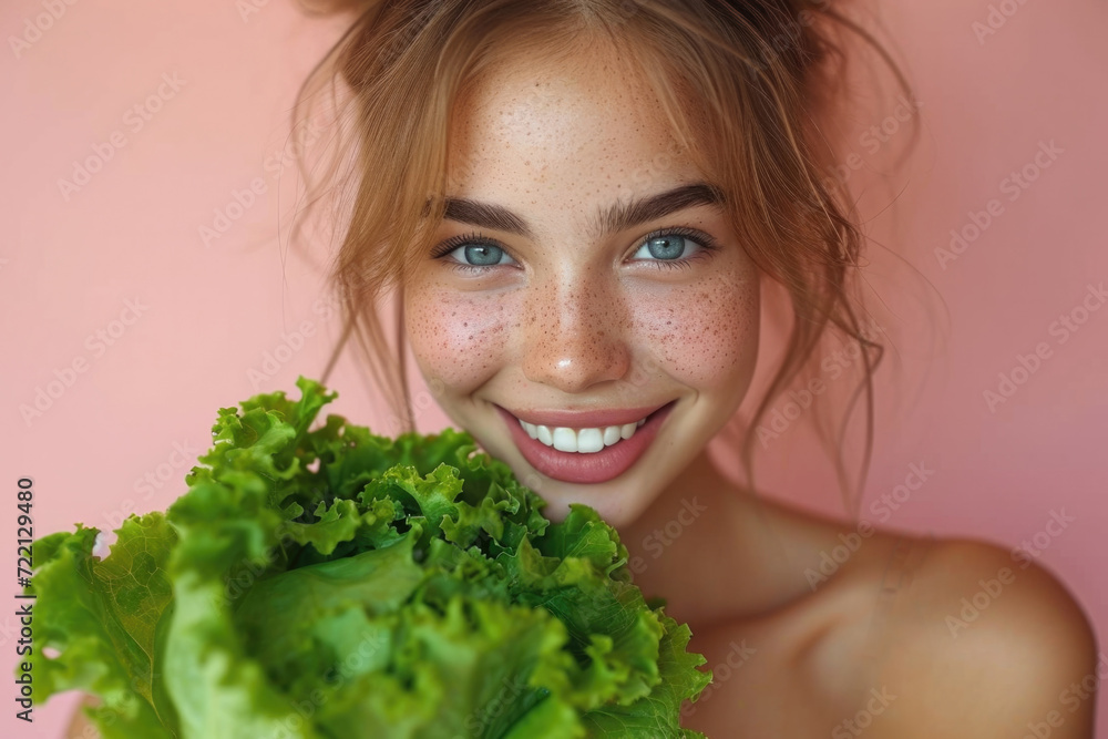 beautiful fancy stylish model woman, perfect skin, holding a lettuce, smiling happy, studio shot beautiful fancy stylish model woman, perfect skin, holding a lettuce, smiling happy, studio shot
