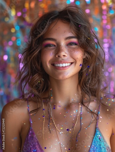  beautiful cool fancy woman in costume, perfect skin, smiling happy, confetti © Denis