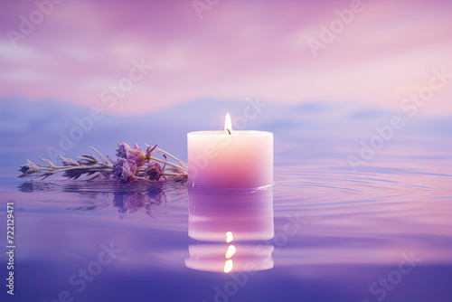 Burning candle with lavender flowers in water on violet background