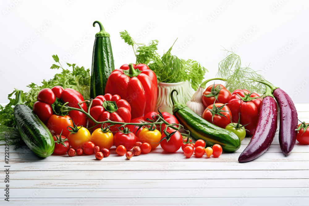 Fresh vegetables on a white wooden table. Healthy food background. Copy space