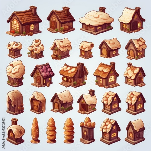 Set of bakery house icons. Collection of different shapes of bakery medieval houses, isometric. 2d casual game style.