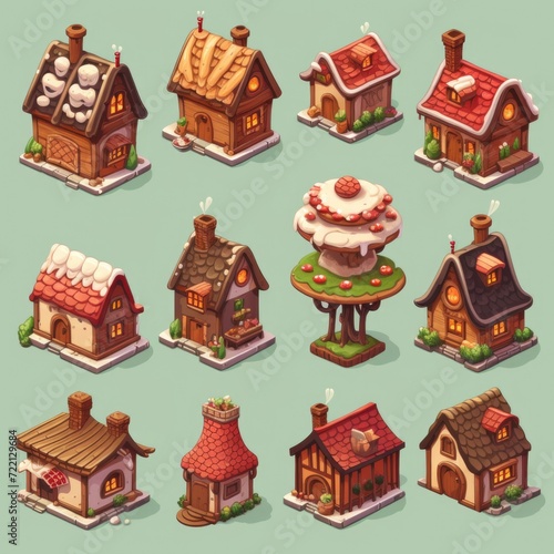 Set of bakery house icons. Collection of different shapes of bakery medieval houses, isometric. 2d casual game style