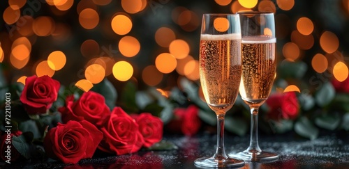 glasses of sparkling wine or champagne and red roses on a table with bokeh lights in the background