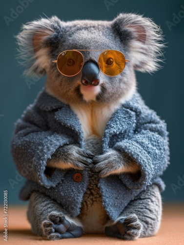 cool fancy stylish in suit koala with sunglasses sitting in studio shot background © Denis