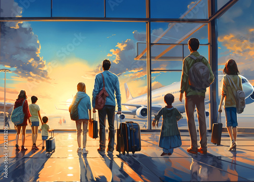 People waiting to board on a plane at sunset - Travel concept photo