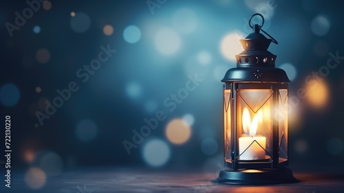 Bright lantern with a candle on an abstract blue background with bokeh