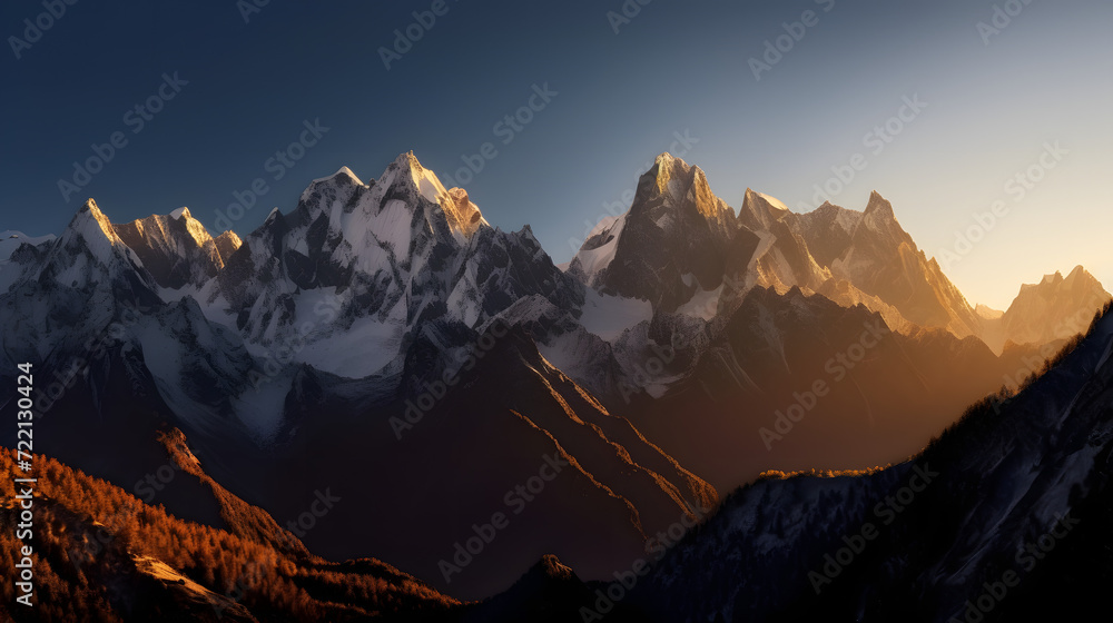 Alpine Splendor: Sunset Illuminating a Snow-Capped Peak AI-Generative