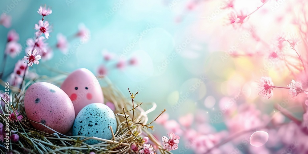 Colorful easter eggs in nest with spring blooming branches Colorful easter eggs in nest with spring blooming branches