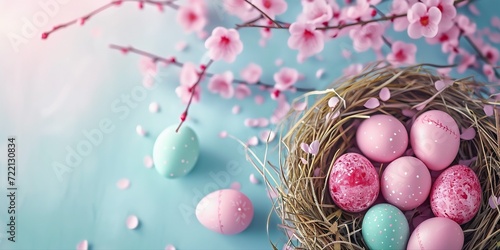 Colorful easter eggs in nest with spring blooming branches
