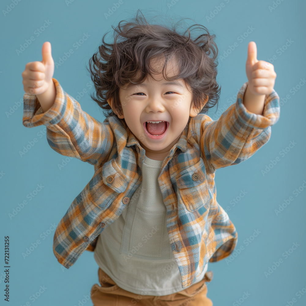 Fisheye view of a japanese kid boy jumping and thumbs pink background. Fisheye view of a japanese kid boy jumping and thumbs pink background.