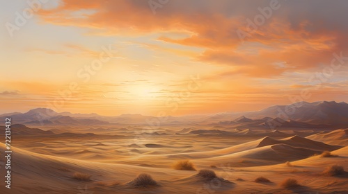 Vast desert landscape at sunrise, with golden hues painting the dunes and creating a breathtaking panorama