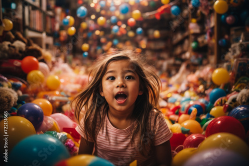 Joyful amazement. The shocked expression on the face of a little girl among a sea of toys. The miracle of childhood. a child in a children's center