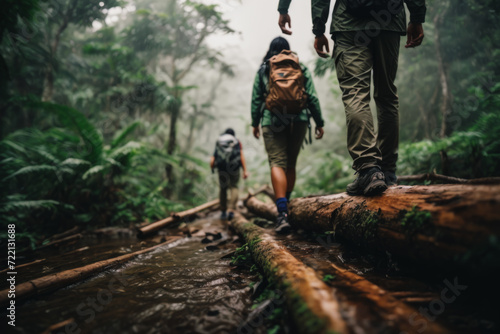 Jungle Challenge In a low angle shot, an Asian couple attempts to climb over a log in a raining jungle, with the focus on their trekking shoes in this adventurous and challenging trek © Roman