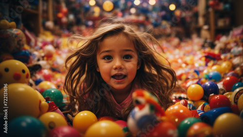 Joyful amazement. The shocked expression on the face of a little girl among a sea of toys. The miracle of childhood. a child in a children's center