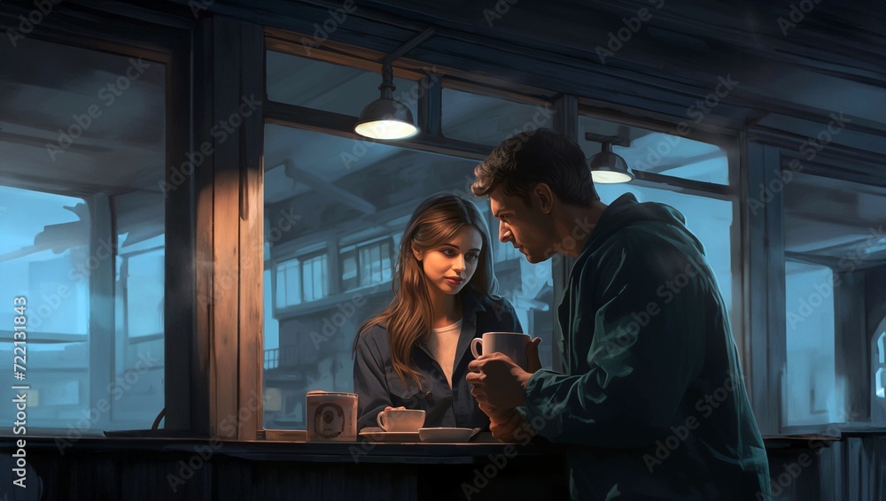 A young couple in love sits in a cafe at night and drinks coffee, emotion of love