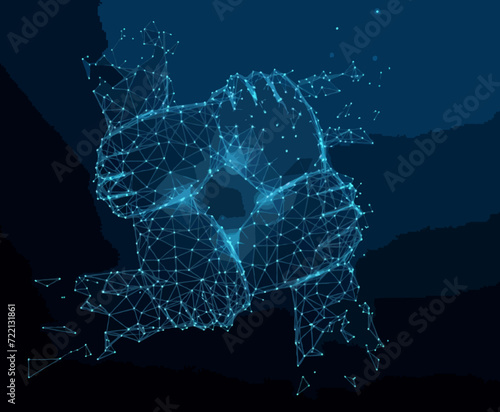 Hand united together form lines, triangles and particle style design. Illustration vector