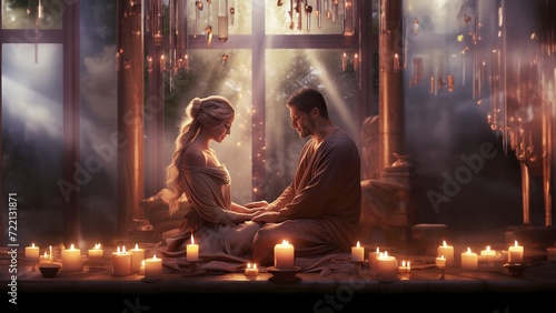 Couple meditating, doing yoga for two at home, by candlelight, evening, religious concept, atmosphere of love.