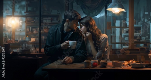 A young couple in love sits in a cafe at night and drinks coffee, emotion of love