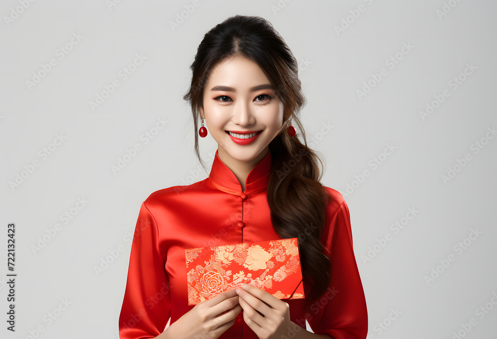 A smiling Chinese woman in a traditional red dress holding a red envelope isolated on a white background, celebrating Chinese New Year. A smiling Chinese woman in a traditional red dress holding a red envelope isolated on a white background, celebrating Chinese New Year.