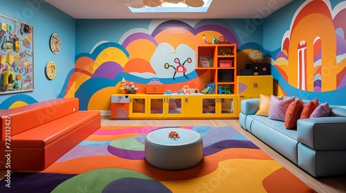 Vibrant and lively playroom with creatively painted walls, adding an element of fun to the children's space