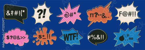 Set of hand drawn comic speech bubbles with swear words. Abstract anime icons, curses and skull. Swear words in text bubbles to express exclamation. Harsh mood. Banner, poster, sticker concept