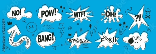 Fototapeta Naklejka Na Ścianę i Meble -  Set of hand drawn comic speech bubbles with swear words. Abstract anime icons, curses and skull. Swear words in text bubbles to express exclamation. Harsh mood. Banner, poster, sticker concept