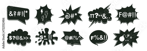 Set of hand drawn comic speech bubbles with swear words. Abstract anime icons, curses and skull. Swear words in text bubbles to express exclamation. Harsh mood. Banner, poster, sticker concept