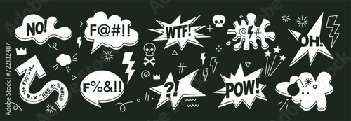 Set of hand drawn comic speech bubbles with swear words. Abstract anime icons  curses and skull. Swear words in text bubbles to express exclamation. Harsh mood. Banner  poster  sticker concept