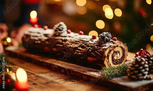 christmas log, traditional christmas cake, buche de noel, chocolate, pastry, decorated with christmas themed elements, family meal anqd tradition, light and christmas tree, Generative AI
