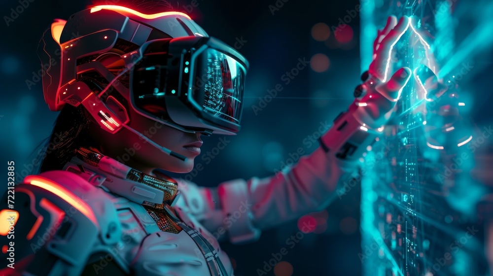 Astronaut in futuristic costume. Girl in glasses of virtual reality ...