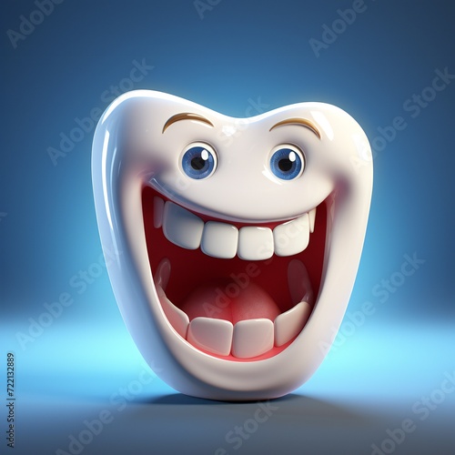 Happy cartoon tooth with smile isolated on blue background. 3d